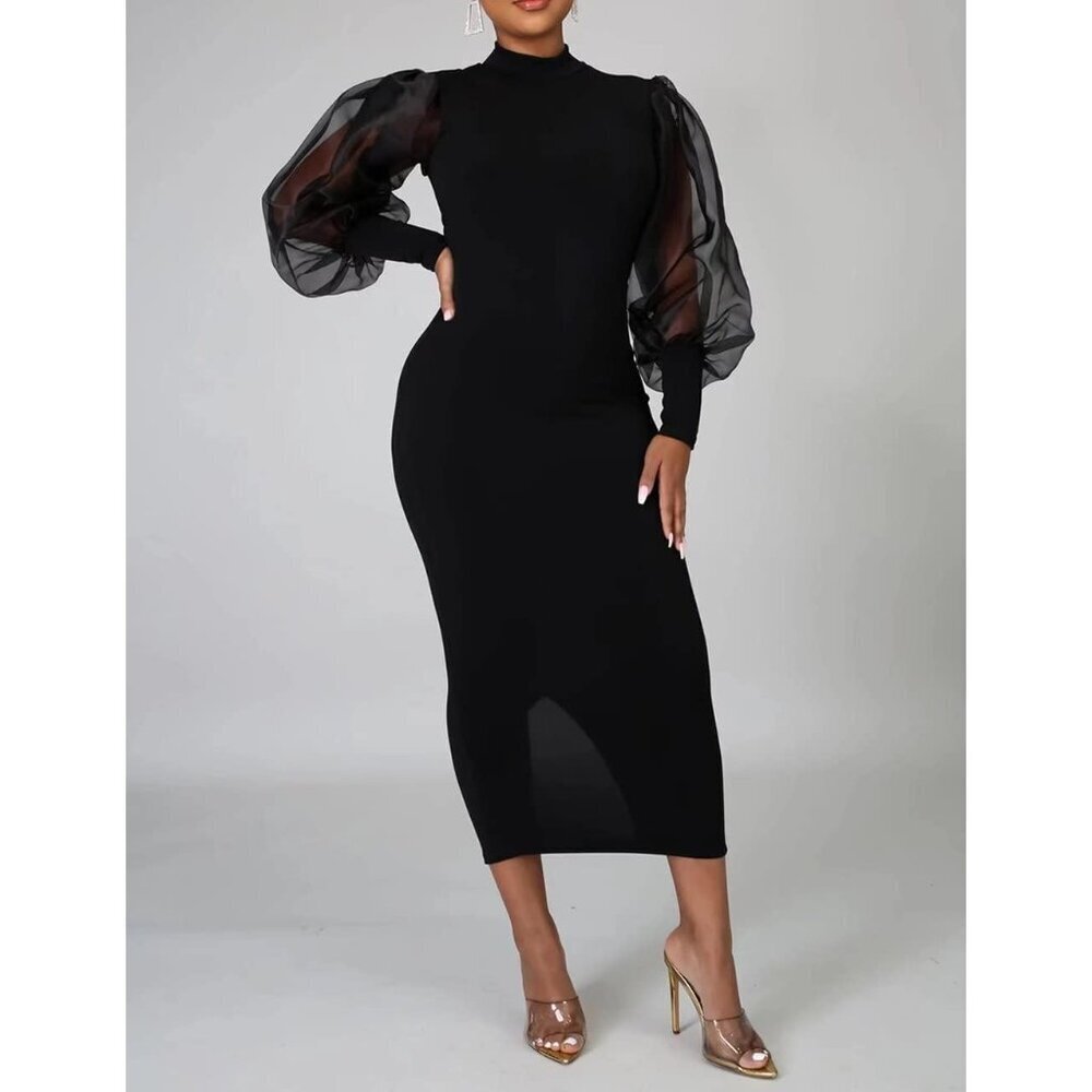 Women's Puff Sleeve Midi Dress Polyester Long Sleeve Office Party Work - Picture 2 of 5